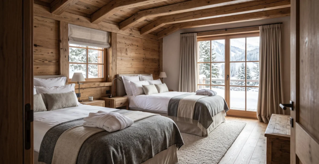 Une chambre spacieuse et lumineuse dans un chalet haut de gamme avec vue sur la neige