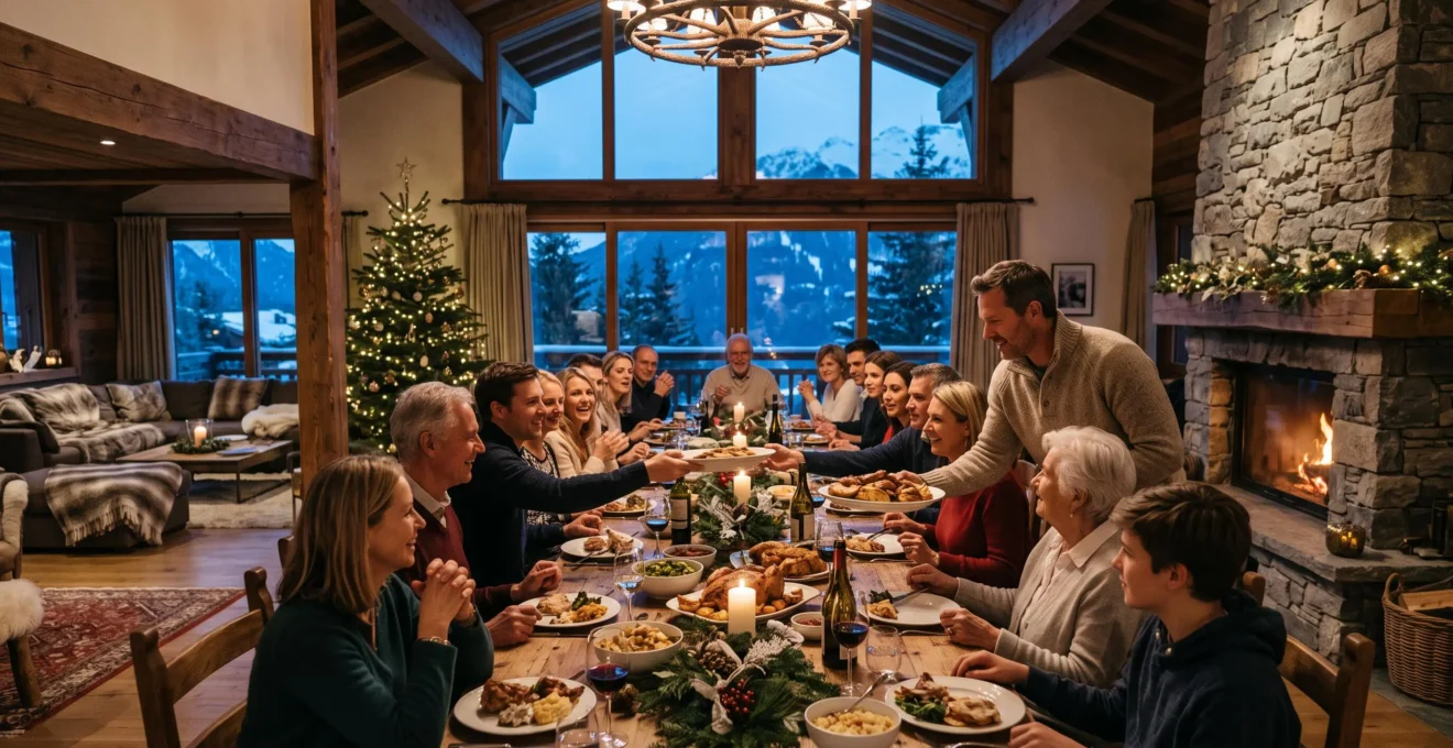 Un groupe d'amis dîne autour d'une grande table dans un chalet spacieux enneigé
