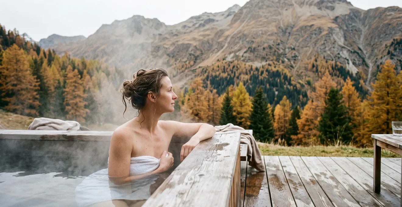 Une femme se détend dans le jacuzzi extérieur d'un chalet entouré d'automne en montagne